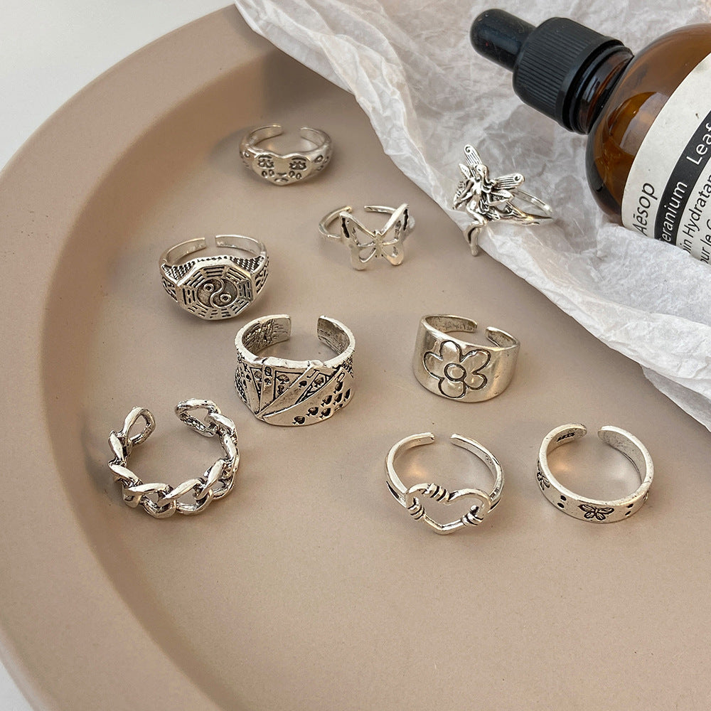 9-piece Set of Vintage Crying Face Rings, Playing Card Rings, Hollowed Out Love Rings, Daisy Rings, Alloy Chain Rings