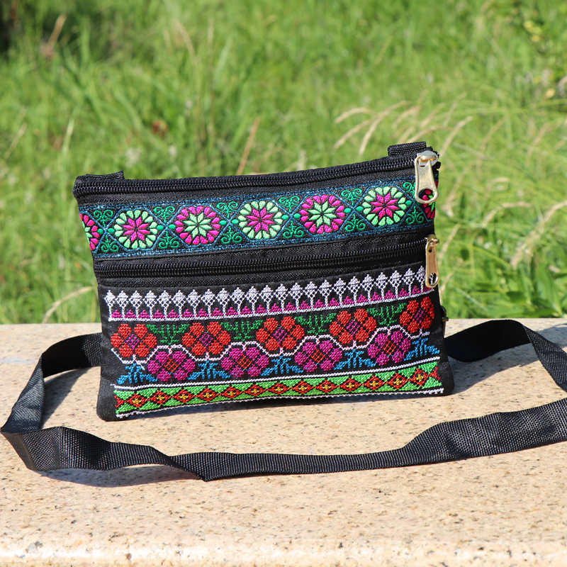 Ethnic Embroidery Single Shoulder Crossbody Bag Double Layer Zipper Bag