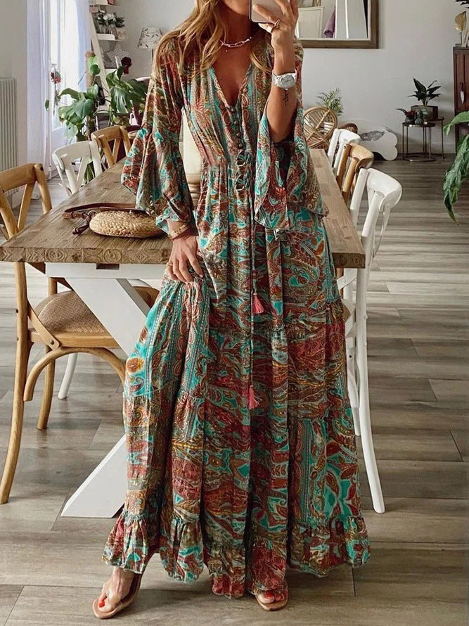 Bohemian Style Bell Sleeve Print V-neck High-waisted Resort Dress Floral Women's Dress