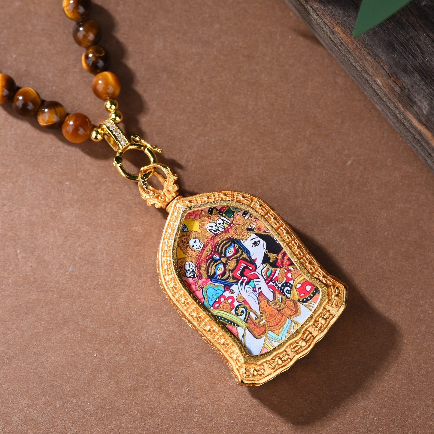 White Crystal Tiger's Eye Stone Necklace Tibetan Style Goddess of Wealth Zakiram Thangka Pendant Rope Girls Jewelry