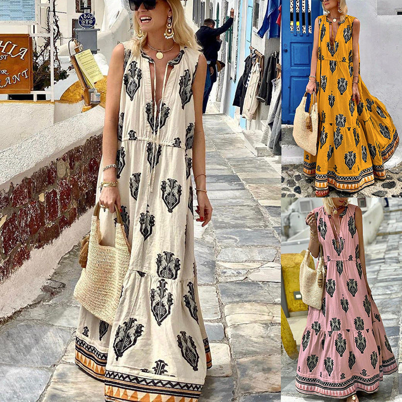 Women's Summer New Style Sleeveless Mid length Bohemian Printed Dress