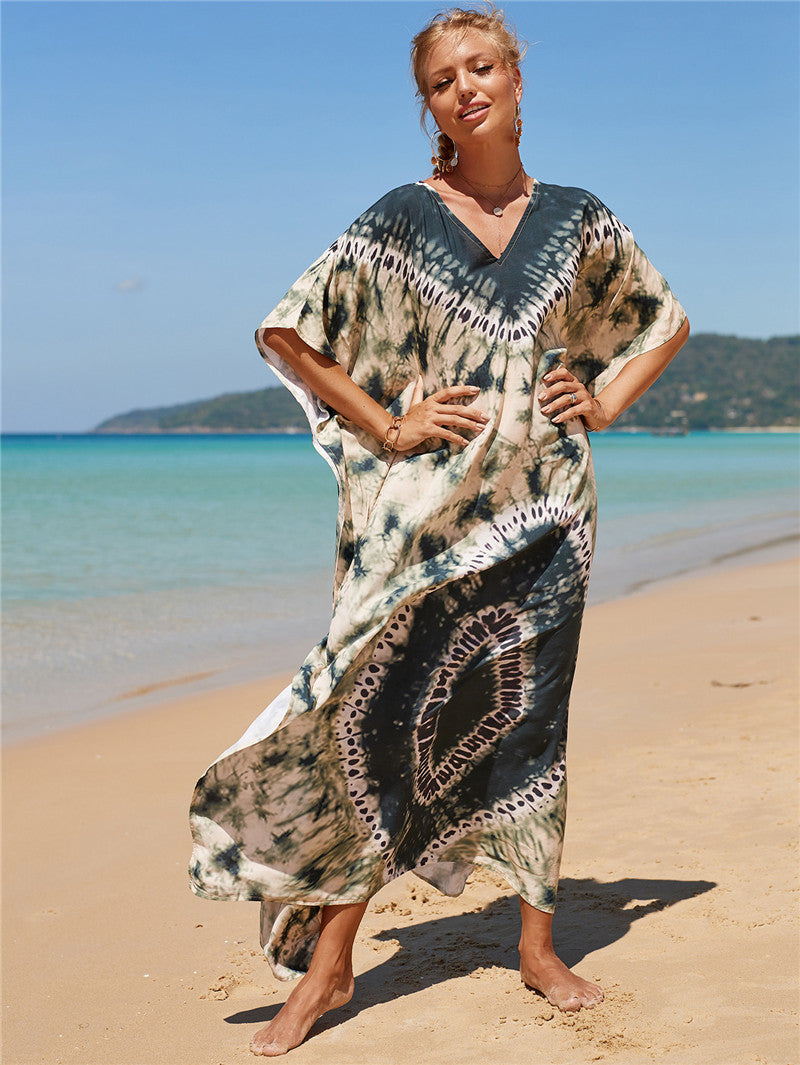 Hot Cotton Watermark Printed Beach Cover Up Robe Style Beach Vacation Sun Protection Bikini Cover Up