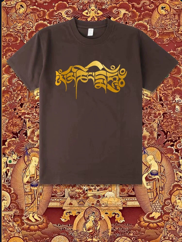 Six-character Mantra Tibetan Summer Men's and Women's Same Cotton Short-sleeved T-shirt Round Neck New Clothes Buddhist Cultural Shirt