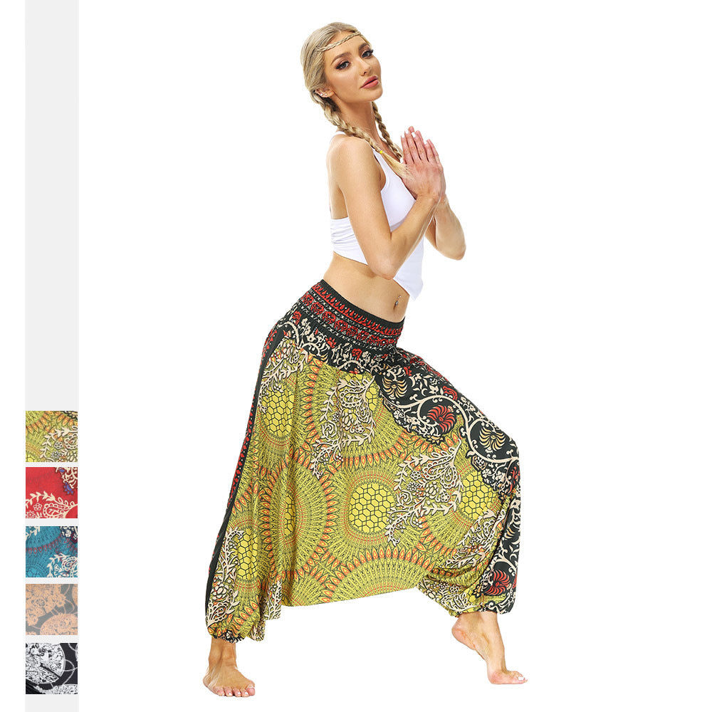 Popular Ethnic Style Printed Lantern Pants, Home Outdoor Yoga Pants, Elastic Waist Pants