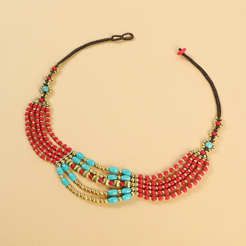 Original Design Retro Exotic Tibetan Nepalese Necklace Hand-woven Ethnic Style Multi-layer Forehead Headdress for Women