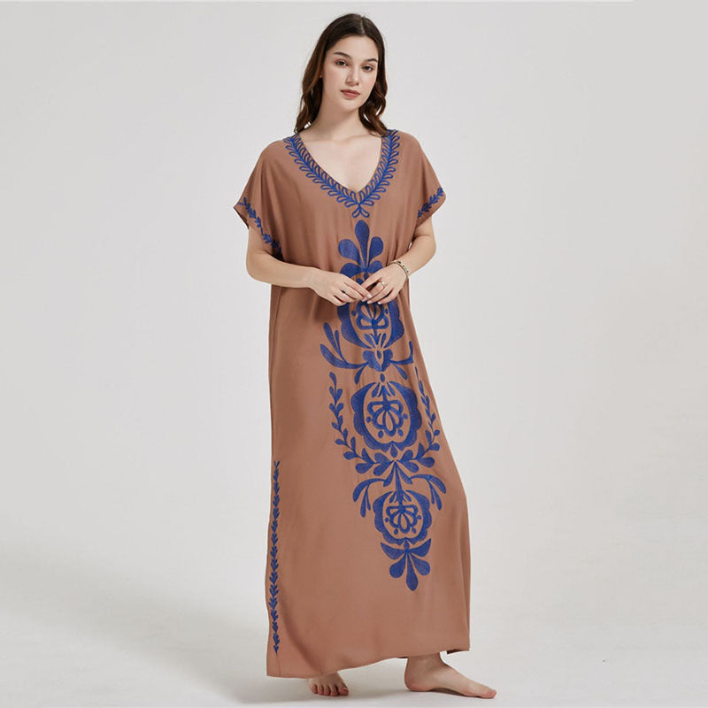 Artificial Cotton Embroidered Beach Cover Up, Long Robe Style Embroidered Dress, Beach Bikini Sun Protection Cover Up