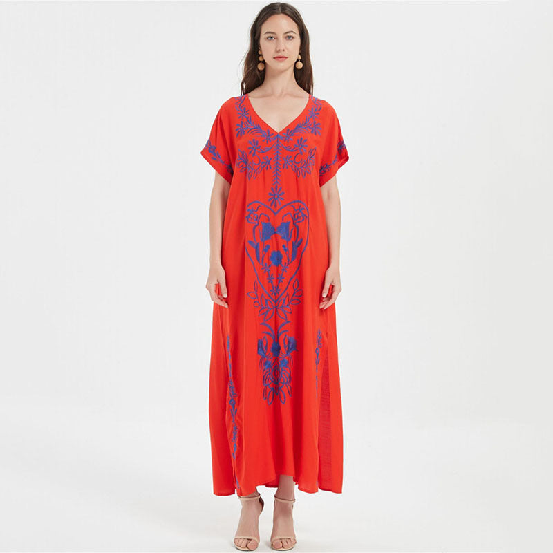 Artificial Cotton Embroidered Beach Cover Up, Long Robe Style Embroidered Dress, Beach Bikini Sun Protection Cover Up