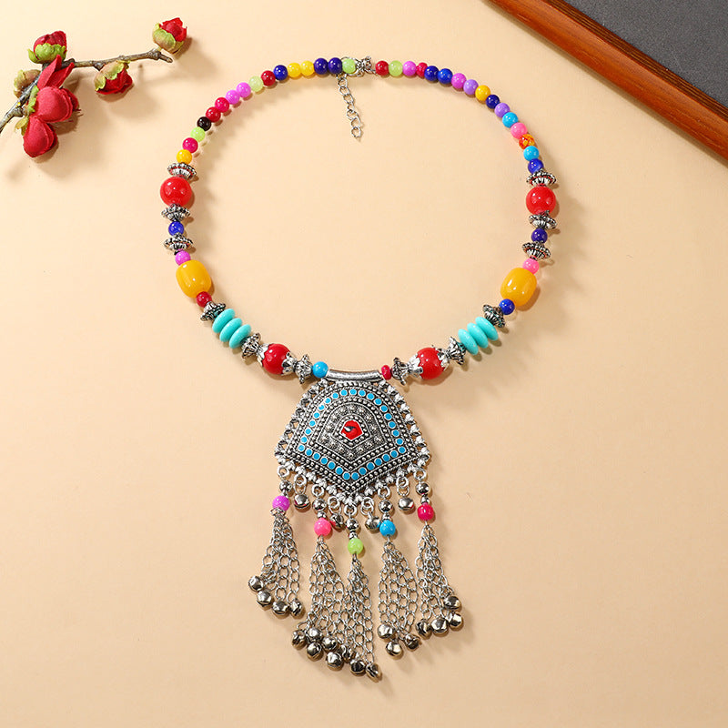 Retro Ethnic Tibetan Necklace Bell Tassel Colored Beaded Collar Sweater Chain Accessories