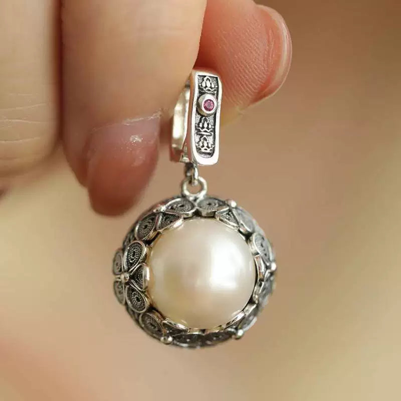 925 Silver Retro New Floral Silk Pearl Flower Pendant Necklace