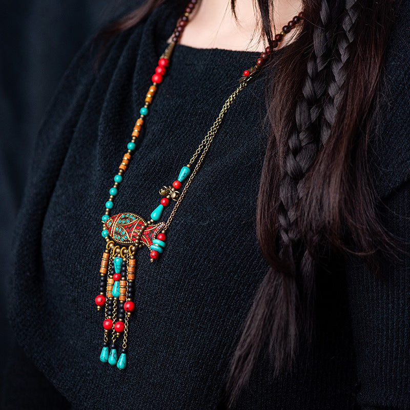 Nepal Retro Ethnic Style Long Necklace Sweater Chain Tibetan Beaded Fringed Necklace