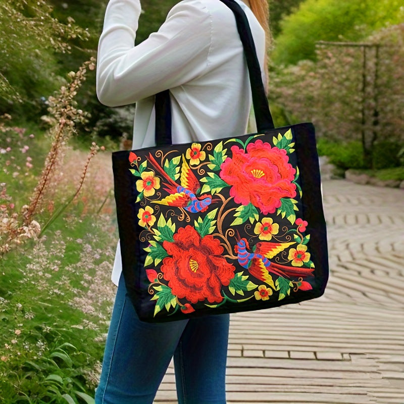 Ethnic Style Embroidered Shoulder Bag with Large Capacity Women's Tote Bag, Canvas, National Style Peony Handbag, Shopping Bag