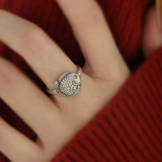 925 Silver Retro New Good Luck Koi Small Carp Ring Opening Adjustment Niche Design