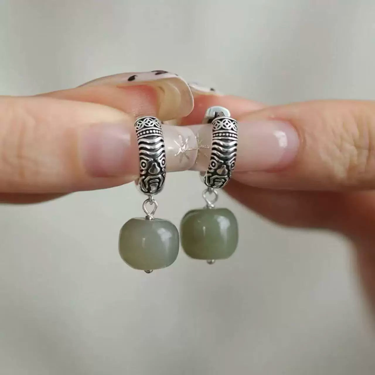 Vintage 925 Silver Zakiram Barrel Bead Ear Buckle Women's New Ethnic Style Hetian Jade Earrings