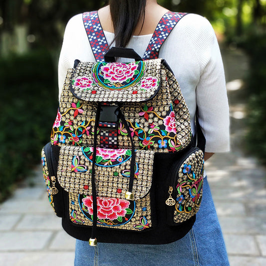 New Embroidery Bag Ethnic Style Bag Women's Large Capacity Canvas Backpack Travel Bag Fabric Art