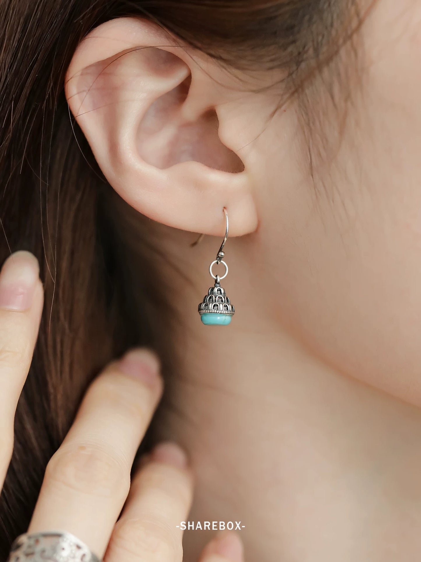 S925 Silver Turquoise Inlaid Wanfo Pendant, Ear Hook Earrings Women's New Tibetan Style Earrings