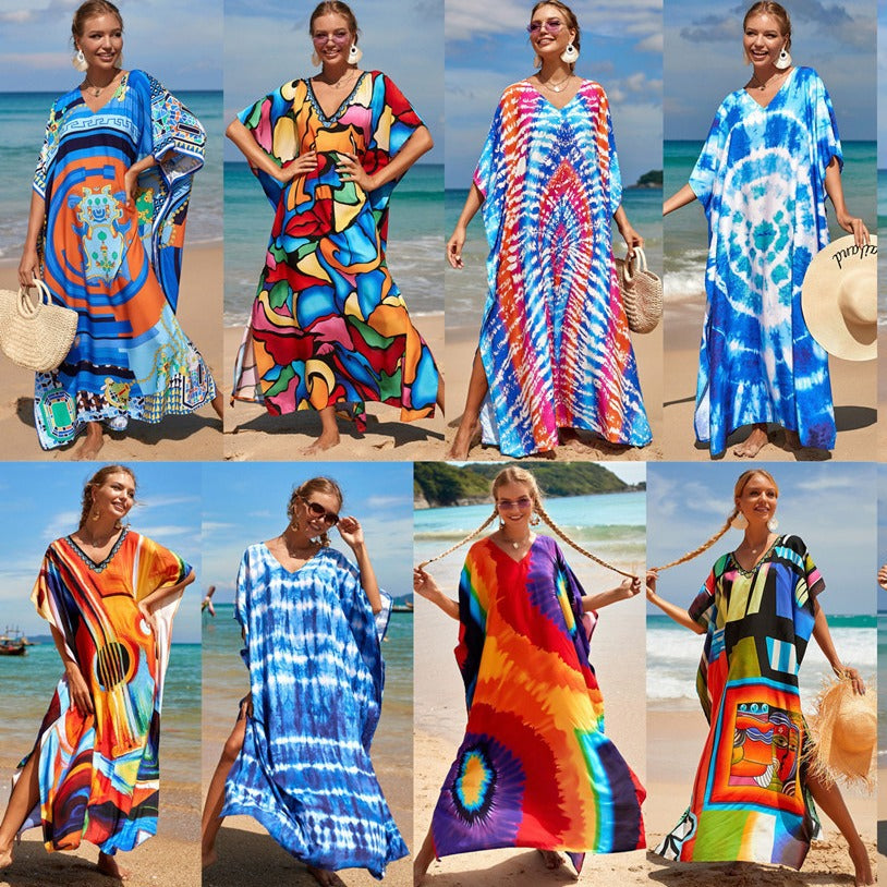 Hot Cotton Watermark Printed Beach Cover Up Robe Style Beach Vacation Sun Protection Bikini Cover Up