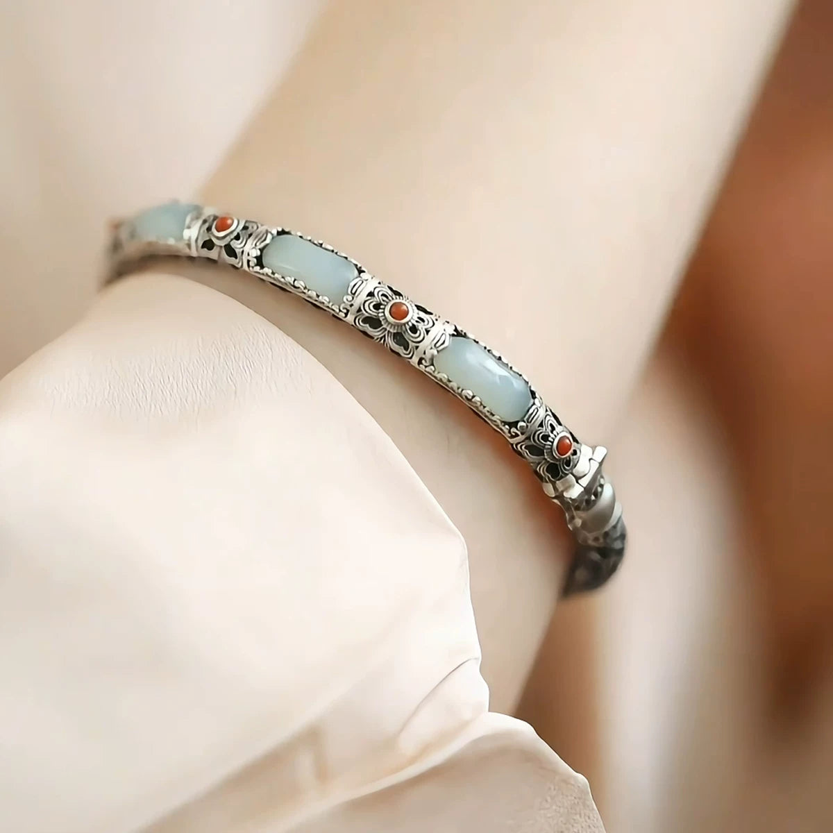 925 Silver New Jade Nanhong Bracelet Opening Female Retro Classic Ethnic Style Flower Silk Hollow
