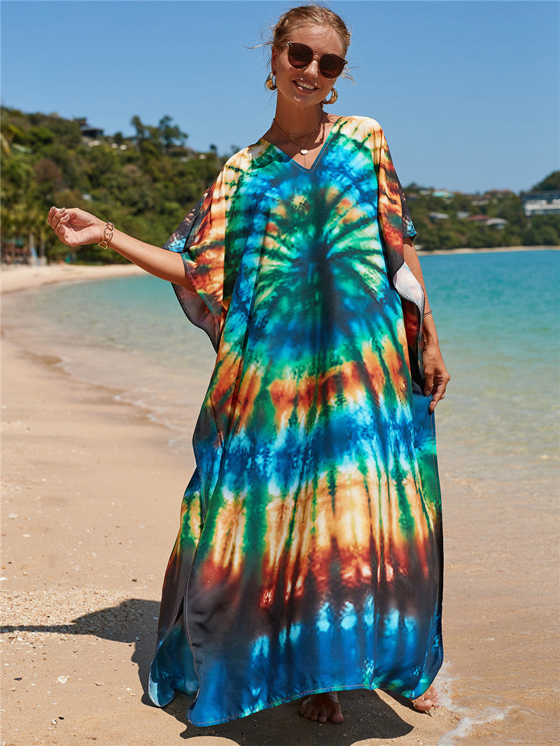 Hot Cotton Watermark Printed Beach Cover Up Robe Style Beach Vacation Sun Protection Bikini Cover Up