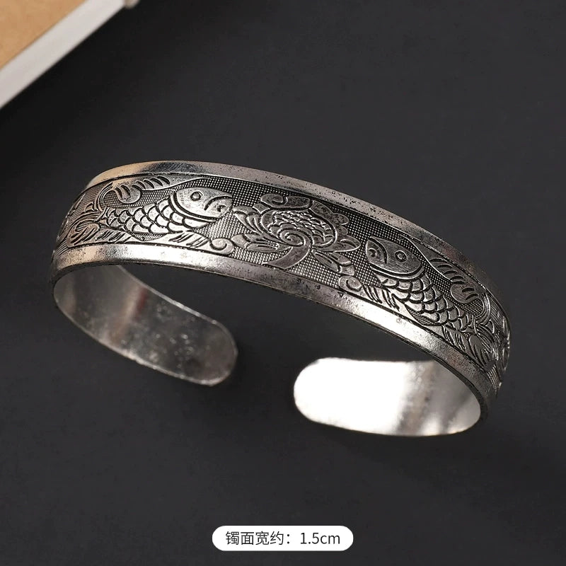Handmade Miao Silver Old Bracelet Female Ethnic Style Retro Court Chinese Sculpture Ancient Silver Bracelet Personality Exotic Bracelet