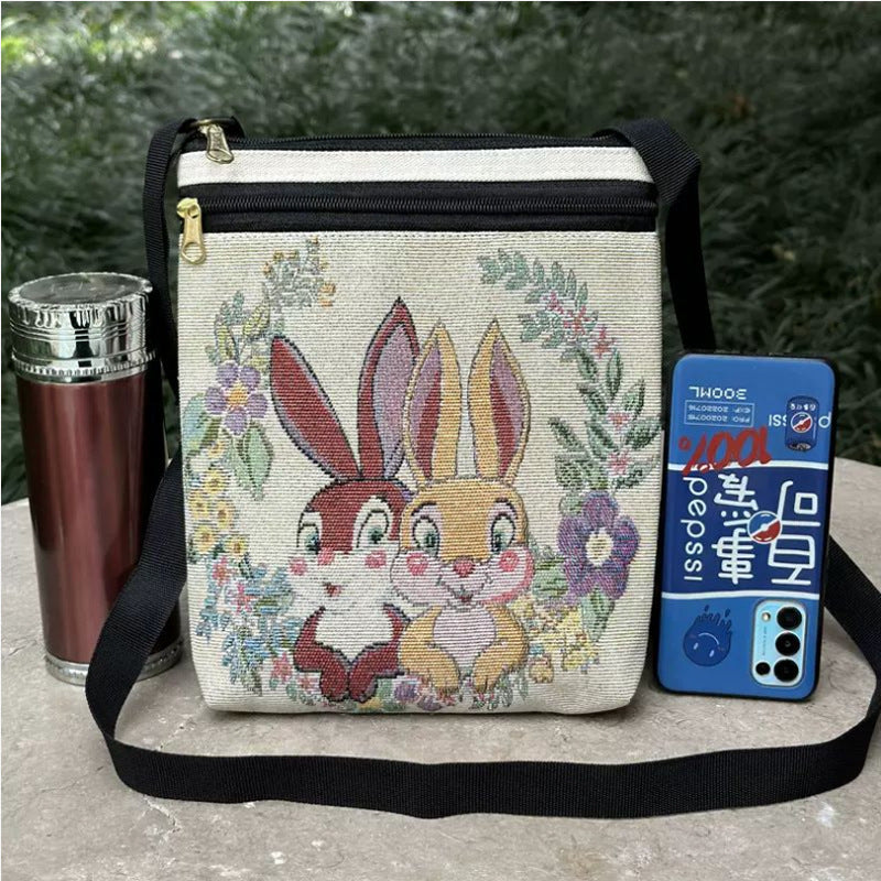 Woven Flower Cloth Bags, Retro Mobile Phone Change Bags, Two-layer Black Belts