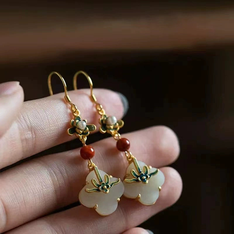 White Jade Clover S925 Silver Earrings with Oriental Classical Paintings, Southern Red Enamel Painted Earrings