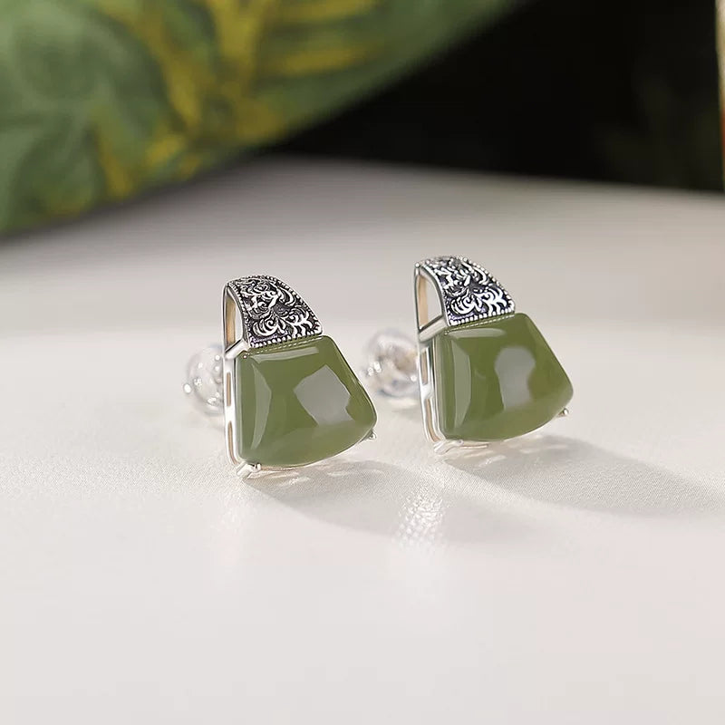 Vintage 925 Silver Tang Grass Pattern Fan-shaped Hetian Sapphire Stud Earrings Women's New Niche High-end Temperament Earrings