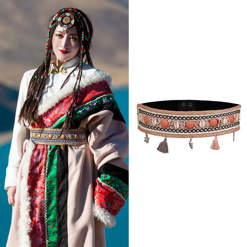 Retro Ethnic Tibetan Clothing Belt Elastic Waist Belt Turquoise Beading Accessories Tibetan Robe Lady Belt