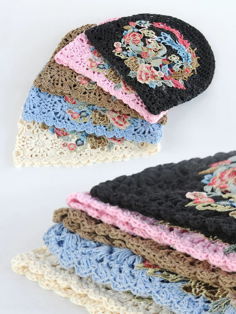 Ethnic Style Phoenix Embroidery Women's Headscarf Cover White Autumn Hat Hollow Knitting Heap Headscarf Woven Hat