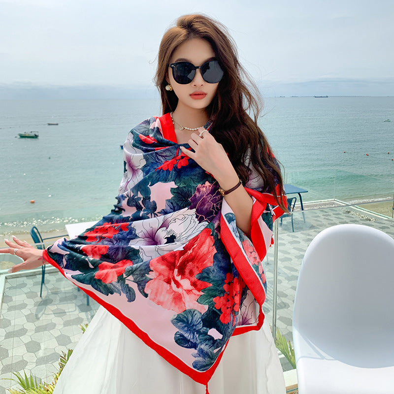 Casual Fashion Joker Personality Camellia Shawl Outdoor Travel and Play Comfortable Sunshade Cloak Shawl