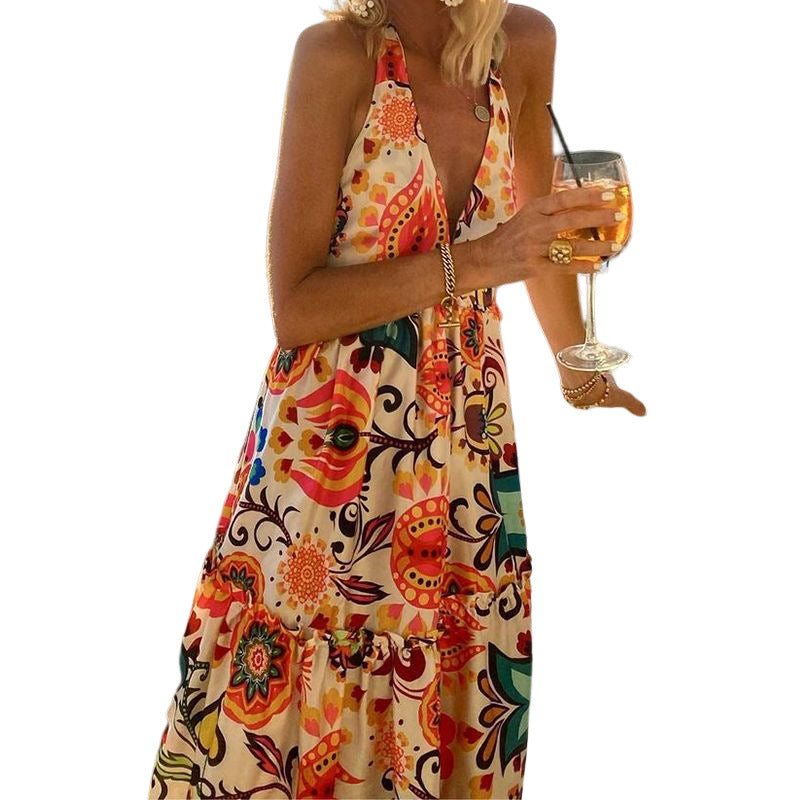 Summer New Style Fashion Deep V Halterneck Open Back Sleeveless Print Resort Beach Dress