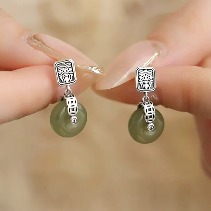 925 Silver Retro New Zakiram Hetian Jade Safety Buckle Earrings Copper Coins Women's Simple and High-end Sense Jewelry