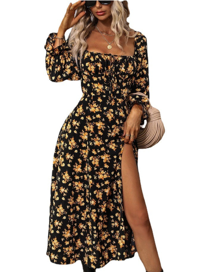 Autumn/Winter New Printed Long Sleeve Backless Bohemian Dress for Women