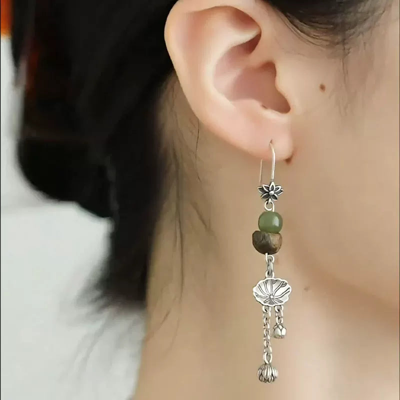 Retro 925 Silver Lotus Leaf Earrings Women's New Style Temperament Versatile Earrings Round Beads Irregular Earrings