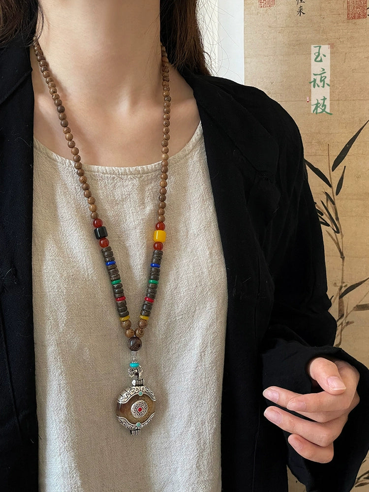 Ethnic Wood Buddha Bead Necklace Women's Tibetan Zen Retro Old Long Pendant Sweater Chain