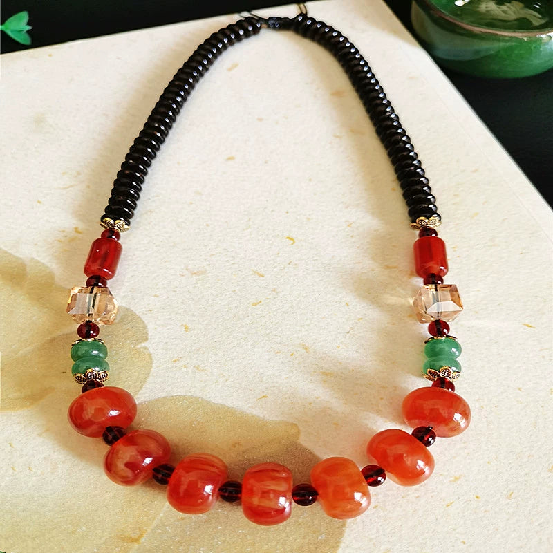 Classic Tibetan Red Blood Beeswax Old Wax Cake Necklace Abacus Bead Collarbone Chain Men's and Women's Ethnic Style Retro Neck Jewelry