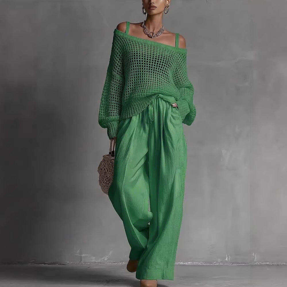 Popular Women's Comfortable Hollow Knitted Top and Linen Pants Two-piece Set