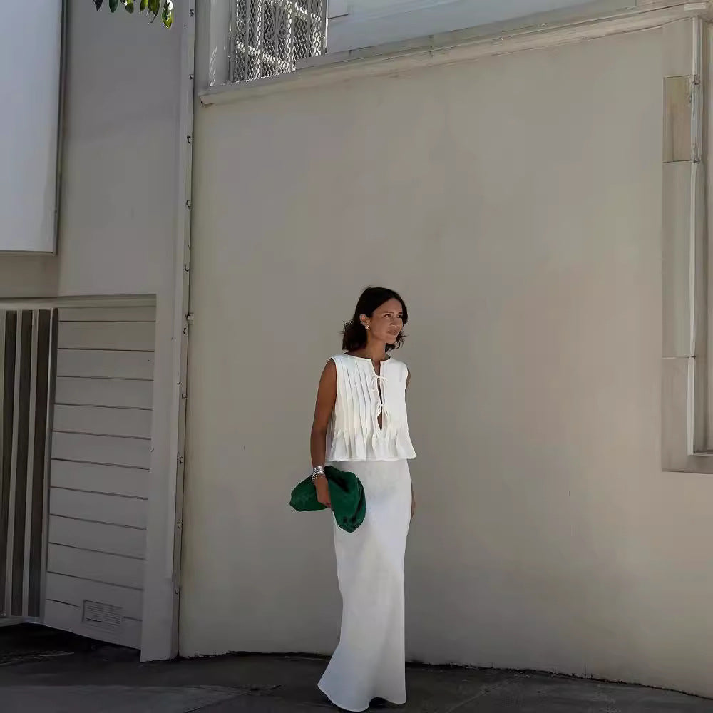 6 Colors Breathable Cotton and Linen Pleated Sleeveless Straps, Women's Shirts, High Street Long Skirts.