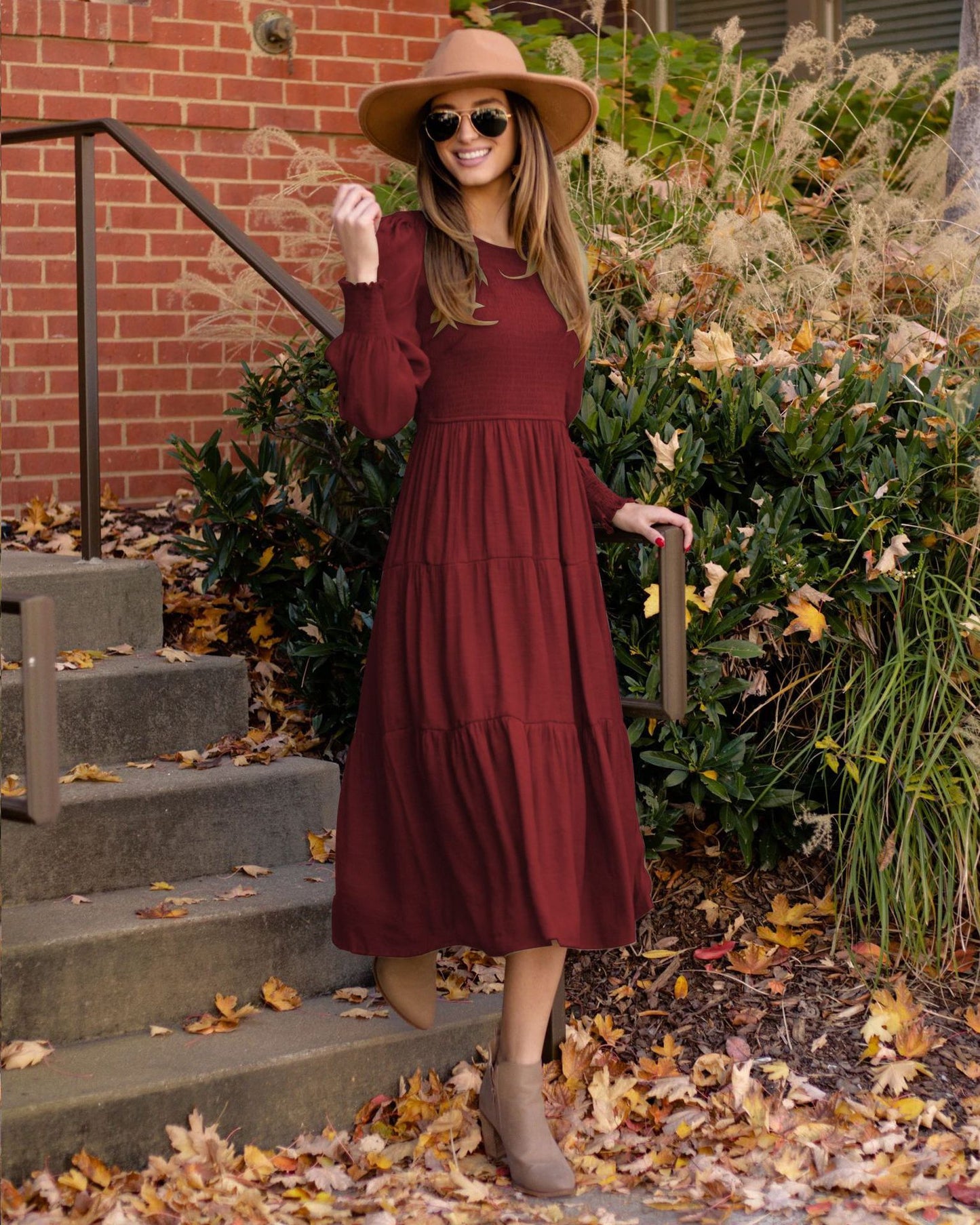 Autumn New Women Elegant Retro French Round Neck High Waist Dress Skirt