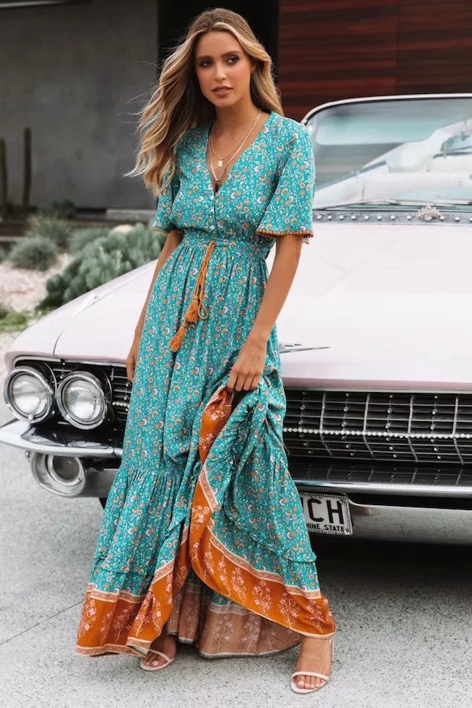 Bohemian Summer High Waist Lace up V-Neck Loose Large Hem Dress Seaside Long Dress