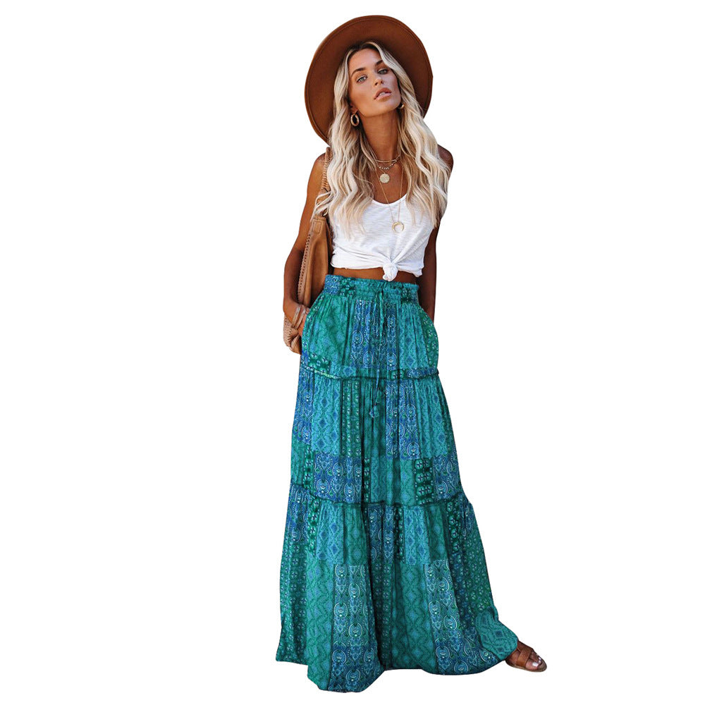 New Bohemian Style Skirt, Loose Fitting Casual High Waisted Long Skirt