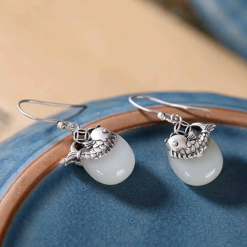 925 Silver Needle White Jade Retro Ruyi Ping An Buckle Personalized Koi Fish Ladies Earrings