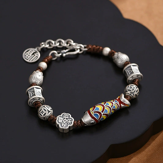 New Fashion Enamel Koi Bracelet Men's and Women's Retro Ethnic Style Woven Shore Hand Rope