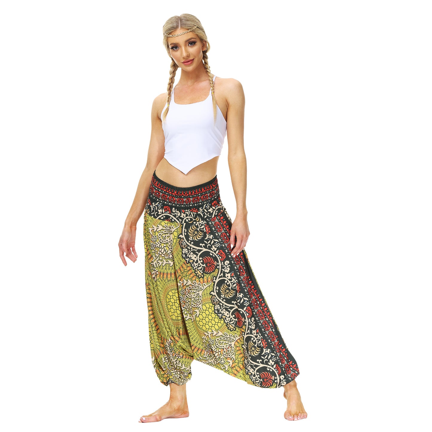 Popular Ethnic Style Printed Lantern Pants, Home Outdoor Yoga Pants, Elastic Waist Pants