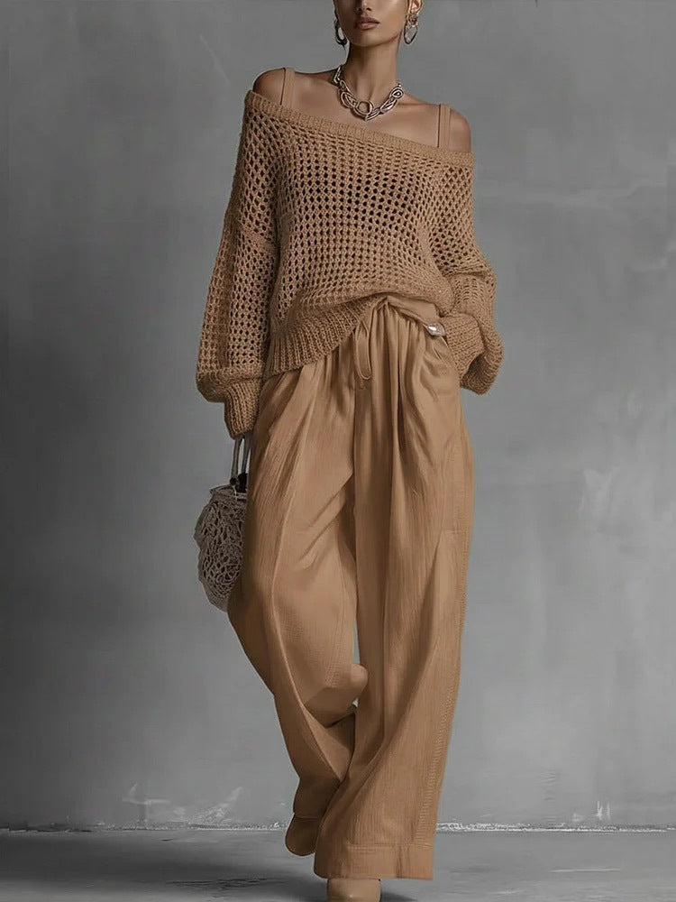 Popular Women's Comfortable Hollow Knitted Top and Linen Pants Two-piece Set