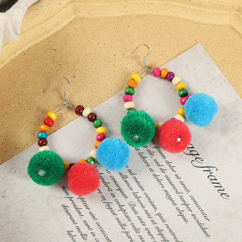 Ethnic Style Plush Ball Earrings Vintage Bohemian Long Personalized Colorful Plush Ball Earrings Holiday Tassel Earrings