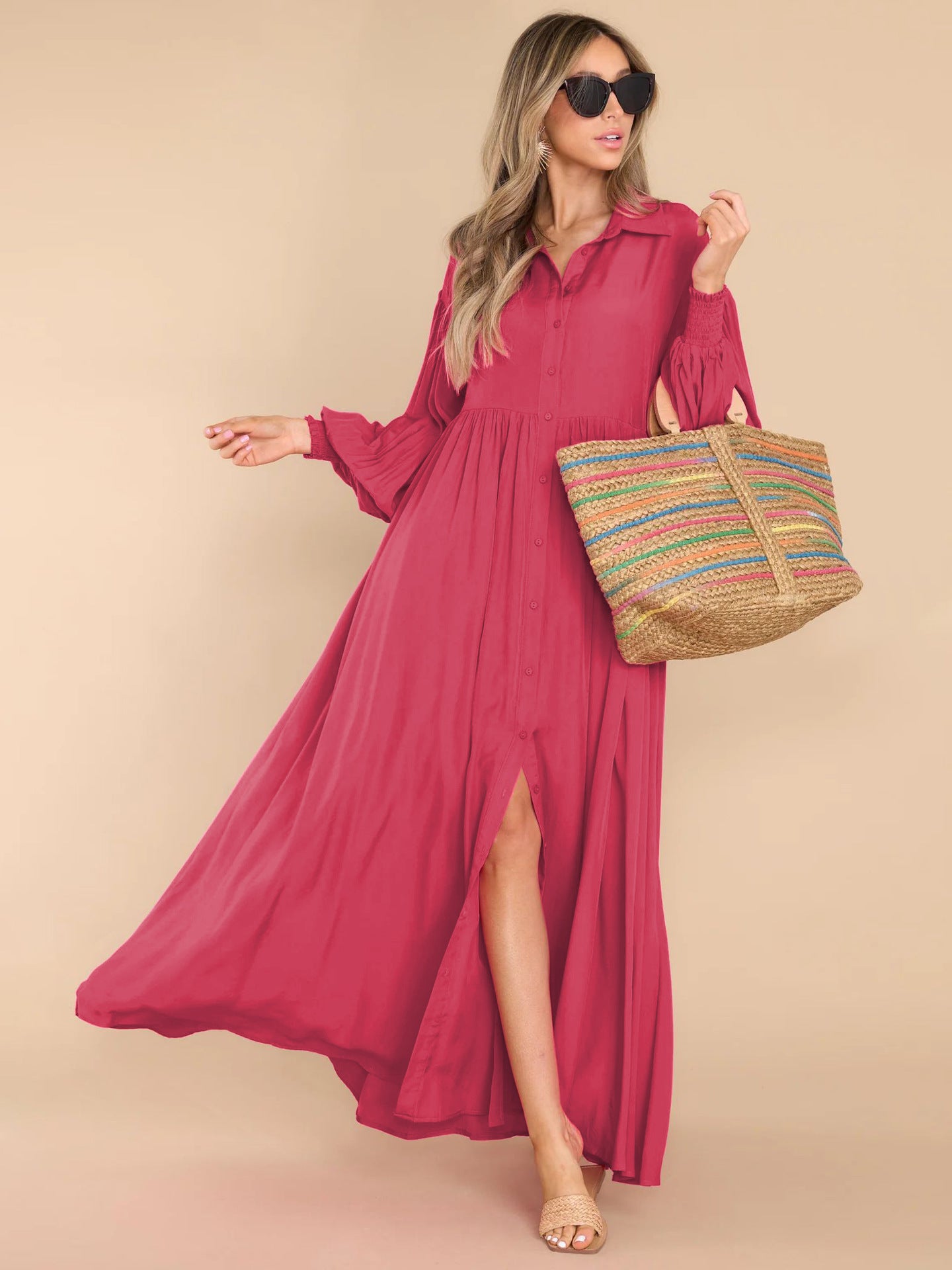 Autumn and Winter New Product Long Solid Color Dress Button Long Dress Loose Oversized Swing Skirt