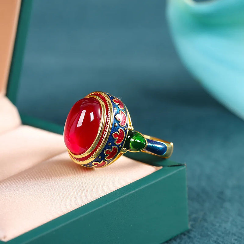 Gilded Enamel Color National Style Flower Light Luxury Ruby Female Living Ring Earrings