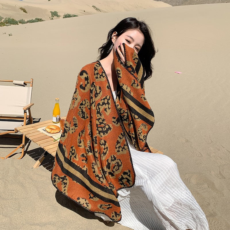 Ethnic Style Cape Coat Shawl Lhasa Scarf Female Leopard Pattern Autumn and Winter Grassland Scarf