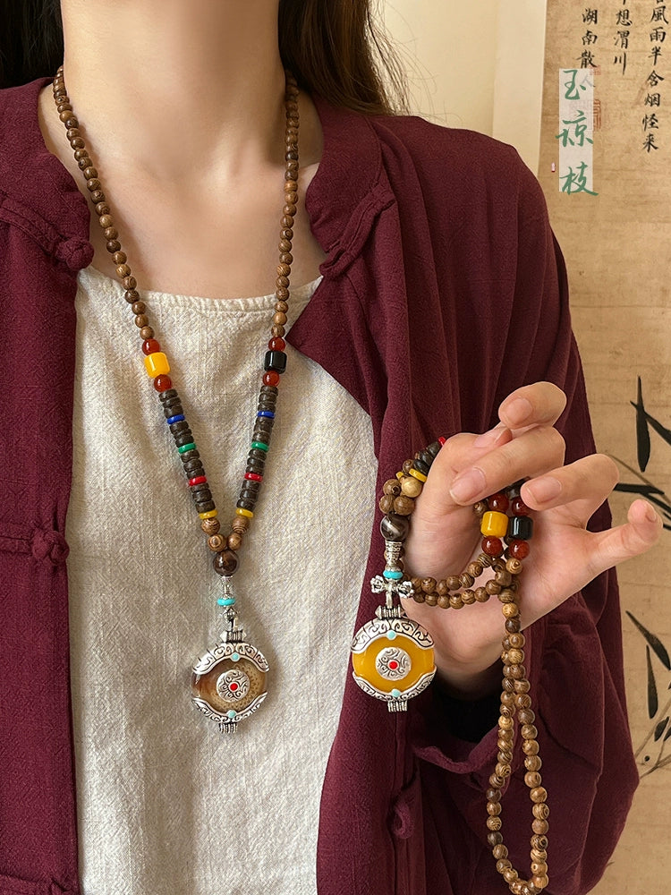 Ethnic Wood Buddha Bead Necklace Women's Tibetan Zen Retro Old Long Pendant Sweater Chain