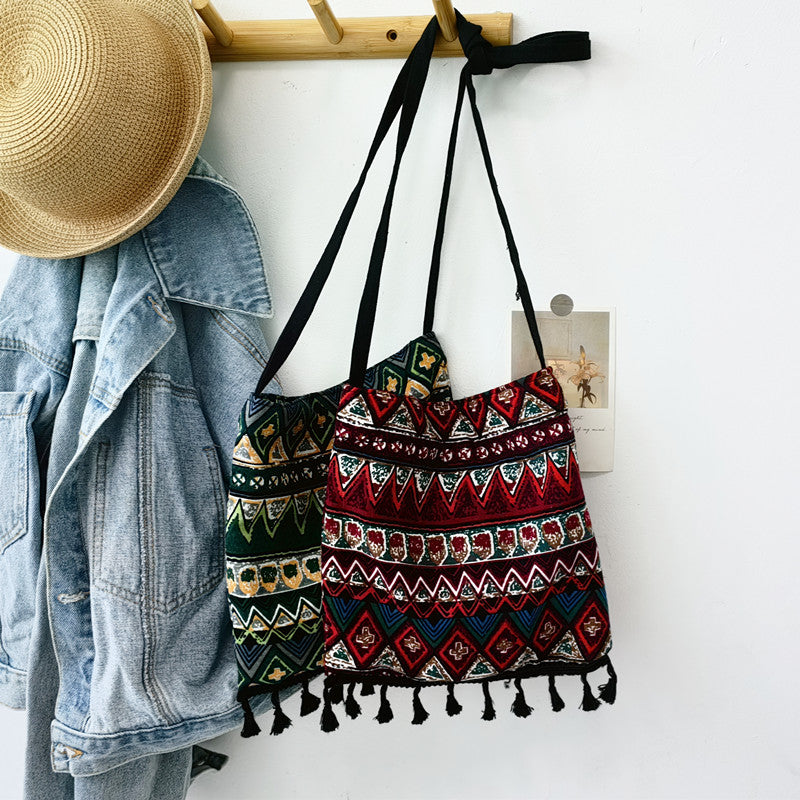 Original Ethnic Style Single Shoulder Bag with Tassel Retro Art Cross Shoulder Bag with Bohemian Style Fabric Bag